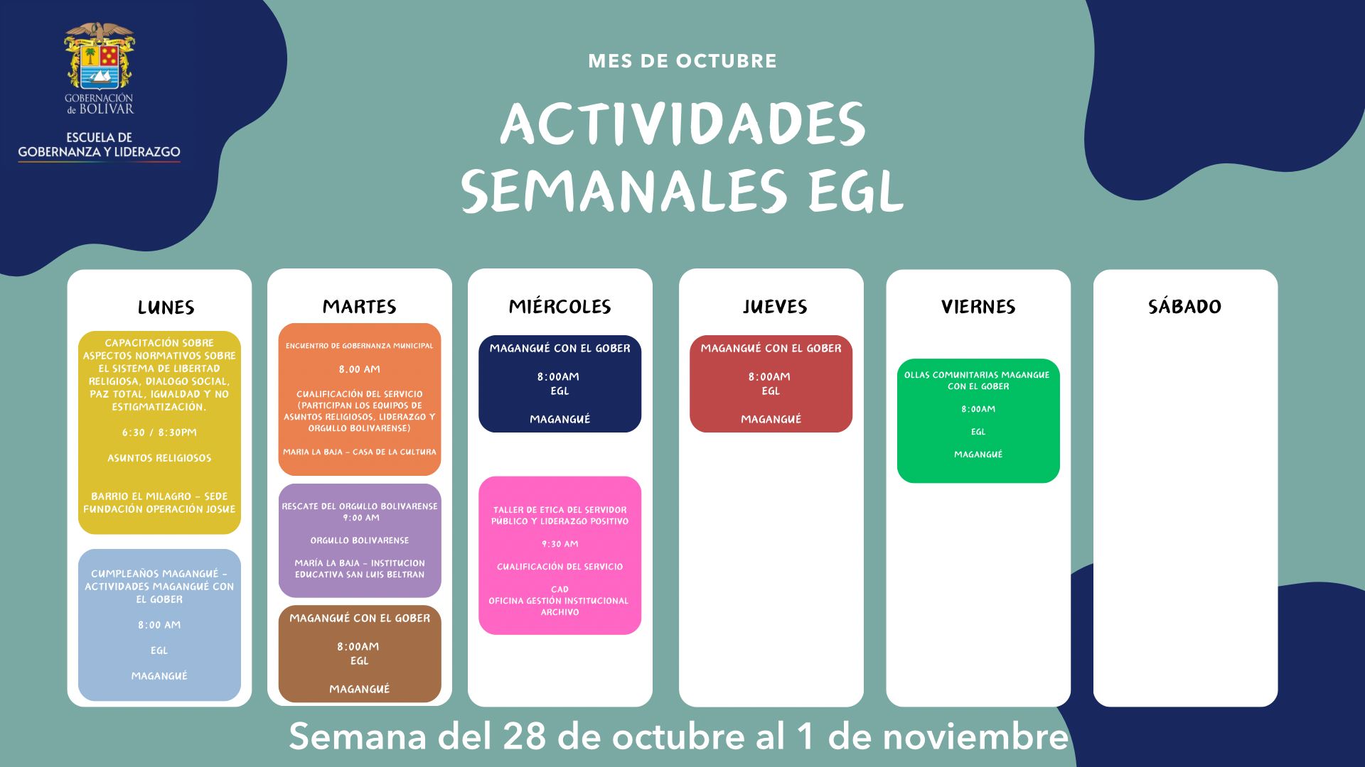 AGENDA SEMANA DEL 28 DE OCTUBRE AL 01 DE NOVIEMBRE